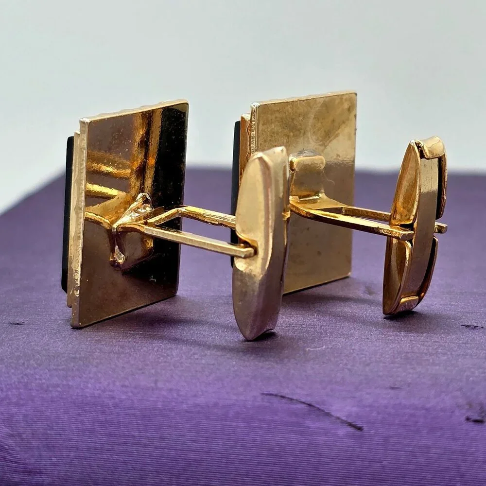 VTG Gold Finish Postage Stamp Rectangle Black MCM Mid Century Modern Cuff Links